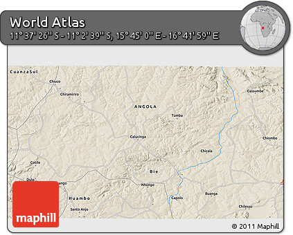 Shaded Relief 3D Map of the Area around 11° 20' 3" S, 16° 13' 30" E