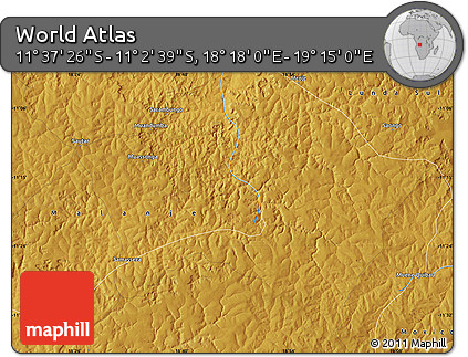 Physical Map of the Area around 11° 20' 3" S, 18° 46' 29" E