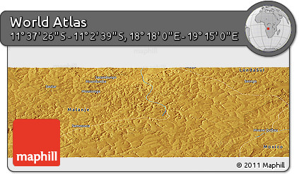 Physical Panoramic Map of the Area around 11° 20' 3" S, 18° 46' 29" E