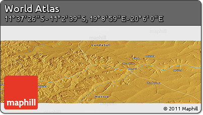 Physical Panoramic Map of the Area around 11° 20' 3" S, 19° 37' 30" E