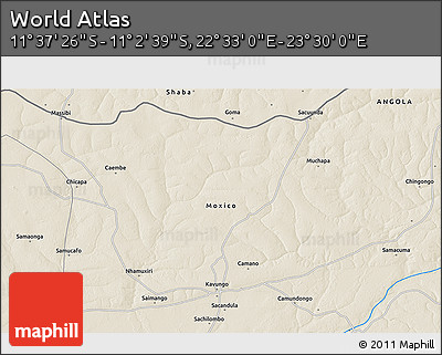 Shaded Relief 3D Map of the Area around 11° 20' 3" S, 23° 1' 29" E