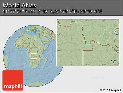 Savanna Style Location Map of the Area around 11° 20' 3" S, 23° 1' 29" E, hill shading