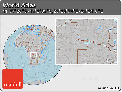 Gray Location Map of the Area around 11° 20' 3" S, 23° 52' 30" E, hill shading