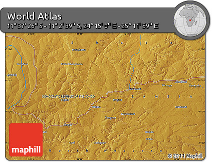 Physical Map of the Area around 11° 20' 3" S, 24° 43' 30" E