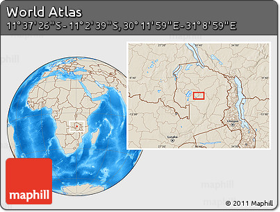 Shaded Relief Location Map of the Area around 11° 20' 3" S, 30° 40' 29" E
