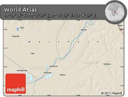 Shaded Relief Map of the Area around 11° 20' 3" S, 30° 40' 29" E