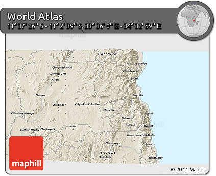 Shaded Relief 3D Map of the Area around 11° 20' 3" S, 34° 4' 30" E