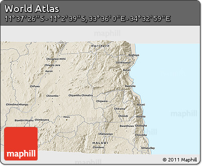 Shaded Relief 3D Map of the Area around 11° 20' 3" S, 34° 4' 30" E