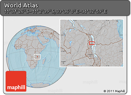 Gray Location Map of the Area around 11° 20' 3" S, 34° 4' 30" E, hill shading