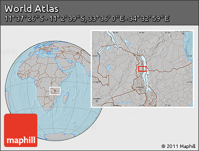 Gray Location Map of the Area around 11° 20' 3" S, 34° 4' 30" E, hill shading