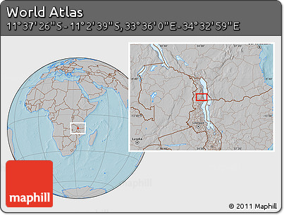 Gray Location Map of the Area around 11° 20' 3" S, 34° 4' 30" E, hill shading