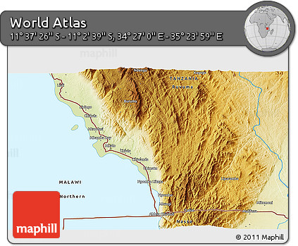 Physical 3D Map of the Area around 11° 20' 3" S, 34° 55' 29" E