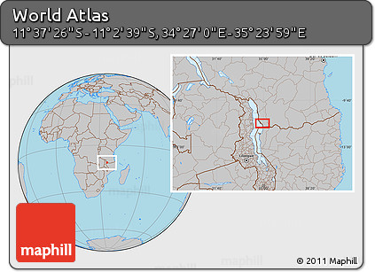 Gray Location Map of the Area around 11° 20' 3" S, 34° 55' 29" E