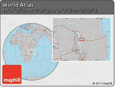 Gray Location Map of the Area around 11° 20' 3" S, 34° 55' 29" E
