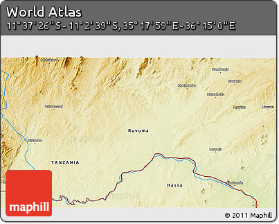 Physical 3D Map of the Area around 11° 20' 3" S, 35° 46' 29" E