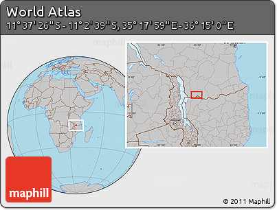 Gray Location Map of the Area around 11° 20' 3" S, 35° 46' 29" E