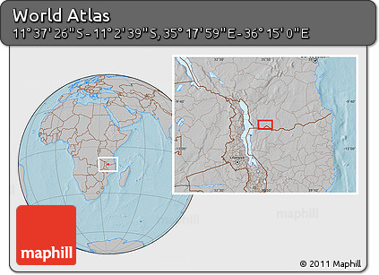 Gray Location Map of the Area around 11° 20' 3" S, 35° 46' 29" E, hill shading