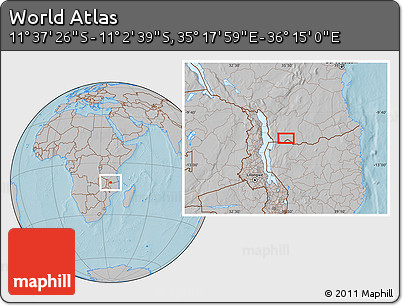 Gray Location Map of the Area around 11° 20' 3" S, 35° 46' 29" E, hill shading