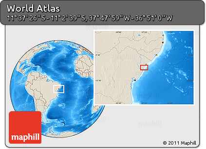 Shaded Relief Location Map of the Area around 11° 20' 3" S, 37° 19' 30" W