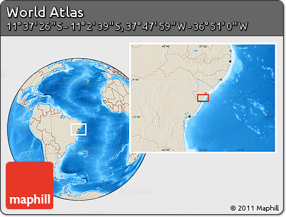 Shaded Relief Location Map of the Area around 11° 20' 3" S, 37° 19' 30" W