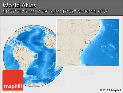 Shaded Relief Location Map of the Area around 11° 20' 3" S, 37° 19' 30" W