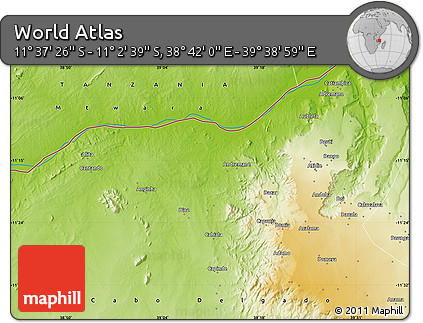 Physical Map of the Area around 11° 20' 3" S, 39° 10' 29" E