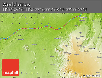 Physical Map of the Area around 11° 20' 3" S, 39° 10' 29" E