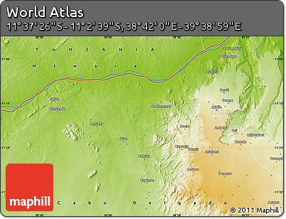 Physical Map of the Area around 11° 20' 3" S, 39° 10' 29" E