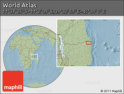 Savanna Style Location Map of the Area around 11° 20' 3" S, 40° 1' 29" E, hill shading