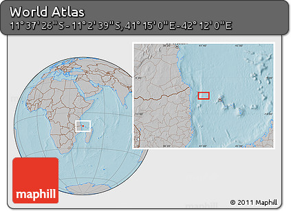 Gray Location Map of the Area around 11° 20' 3" S, 41° 43' 30" E, hill shading