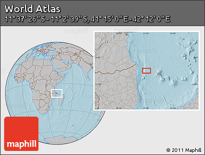Gray Location Map of the Area around 11° 20' 3" S, 41° 43' 30" E, hill shading