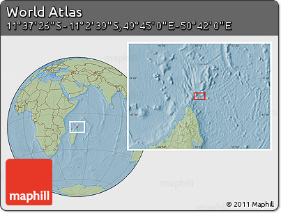 Savanna Style Location Map of the Area around 11° 20' 3" S, 50° 13' 30" E, hill shading
