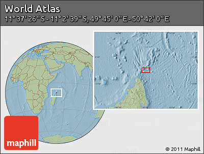 Savanna Style Location Map of the Area around 11° 20' 3" S, 50° 13' 30" E, hill shading