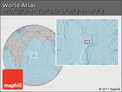 Gray Location Map of the Area around 11° 20' 3" S, 61° 16' 29" E, hill shading