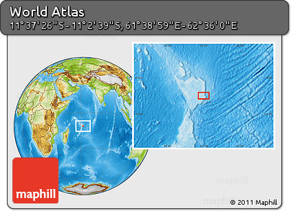 Physical Location Map of the Area around 11° 20' 3" S, 62° 7' 30" E