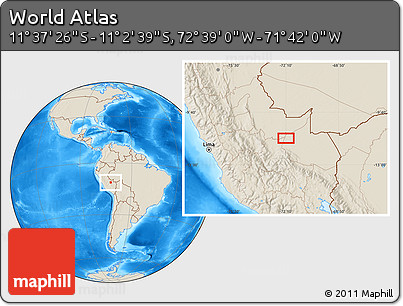 Shaded Relief Location Map of the Area around 11° 20' 3" S, 72° 10' 30" W