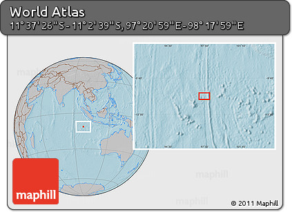 Gray Location Map of the Area around 11° 20' 3" S, 97° 49' 29" E, hill shading