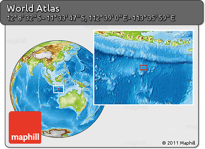 Physical Location Map of the Area around 11° 51' 9" S, 113° 7' 30" E
