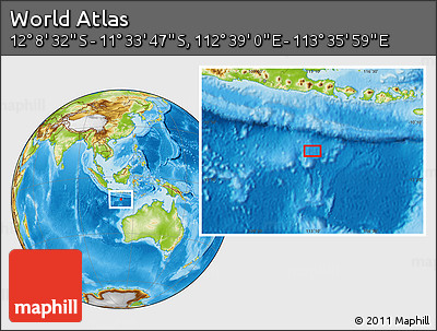 Physical Location Map of the Area around 11° 51' 9" S, 113° 7' 30" E