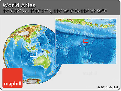 Physical Location Map of the Area around 11° 51' 9" S, 113° 7' 30" E