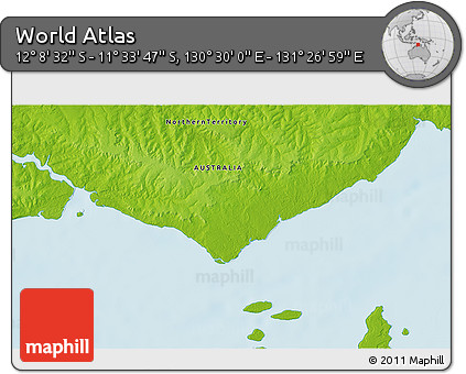 Physical 3D Map of the Area around 11° 51' 9" S, 130° 58' 29" E