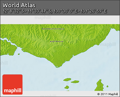 Physical 3D Map of the Area around 11° 51' 9" S, 130° 58' 29" E