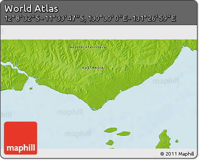 Physical 3D Map of the Area around 11° 51' 9" S, 130° 58' 29" E