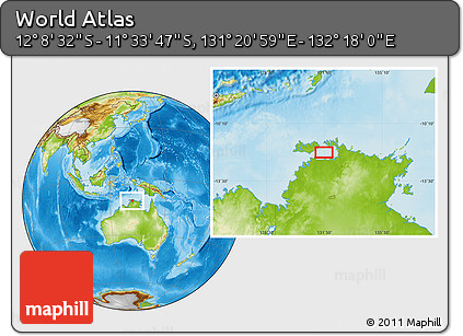 Physical Location Map of the Area around 11° 51' 9" S, 131° 49' 29" E