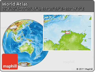 Physical Location Map of the Area around 11° 51' 9" S, 131° 49' 29" E
