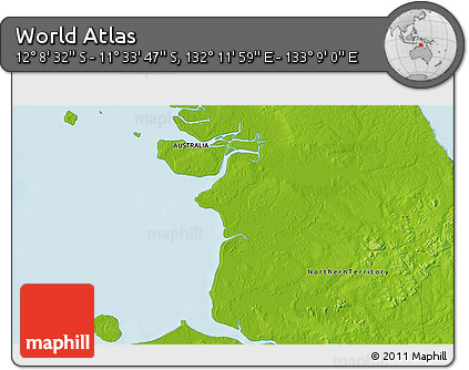 Physical 3D Map of the Area around 11° 51' 9" S, 132° 40' 30" E