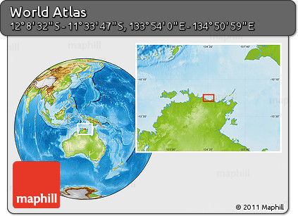 Physical Location Map of the Area around 11° 51' 9" S, 134° 22' 30" E
