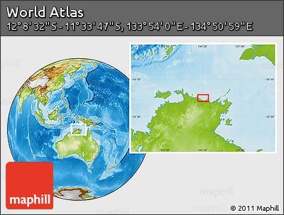 Physical Location Map of the Area around 11° 51' 9" S, 134° 22' 30" E