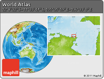 Physical Location Map of the Area around 11° 51' 9" S, 136° 4' 29" E