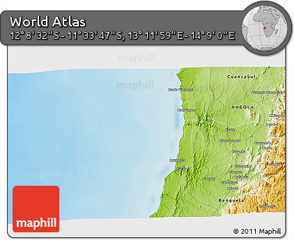 Physical 3D Map of the Area around 11° 51' 9" S, 13° 40' 30" E